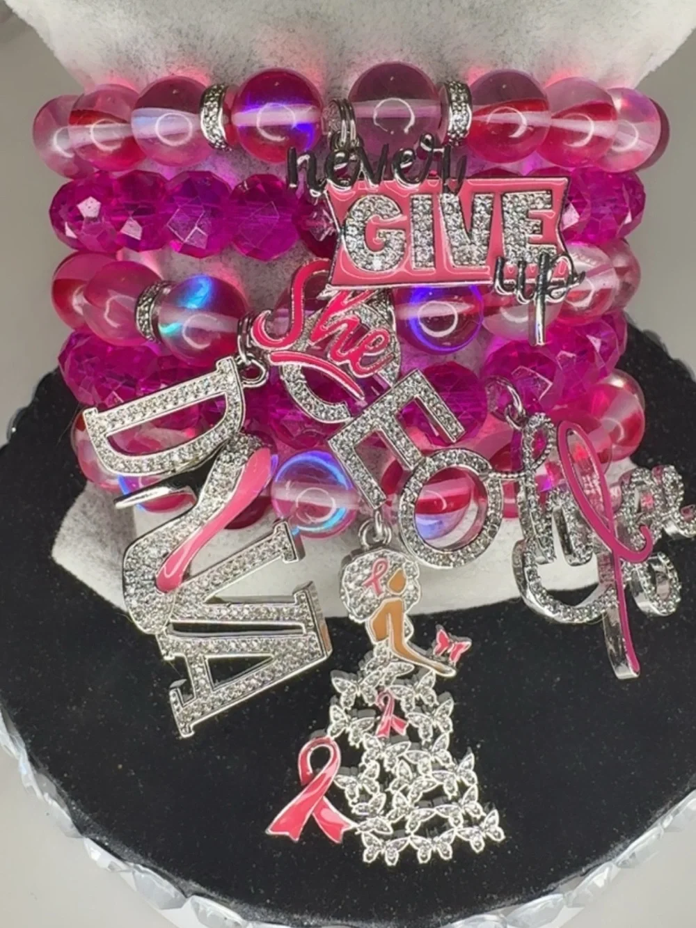 Pink Inspirational Charm Bracelets Stacked